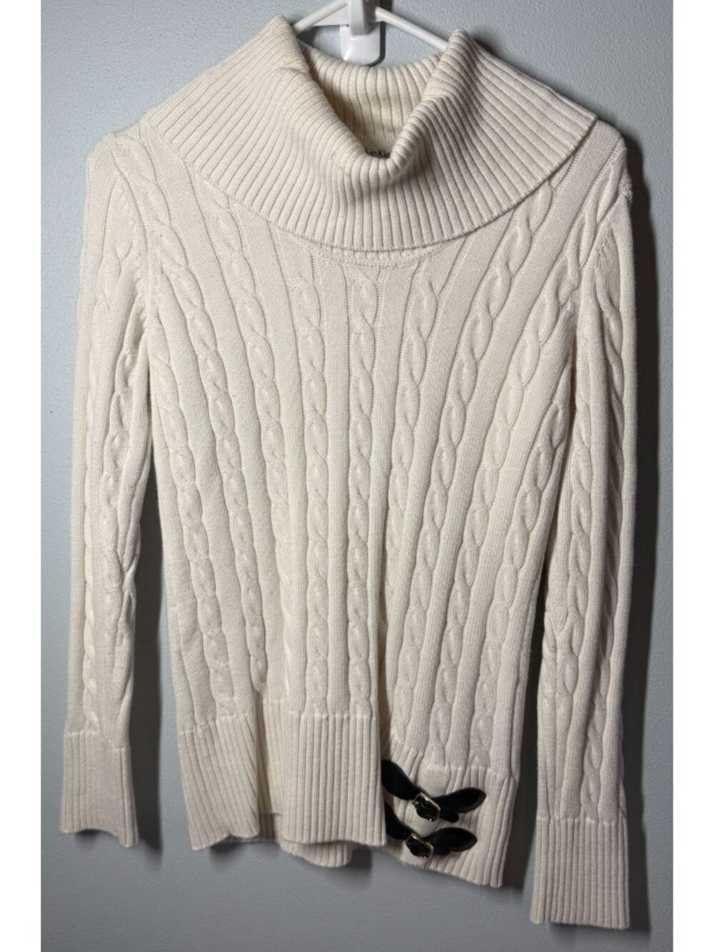 Calvin Klein Womens Small Ivory‎ Cable Knit Cowl Neck Sweater Preppy Coastal